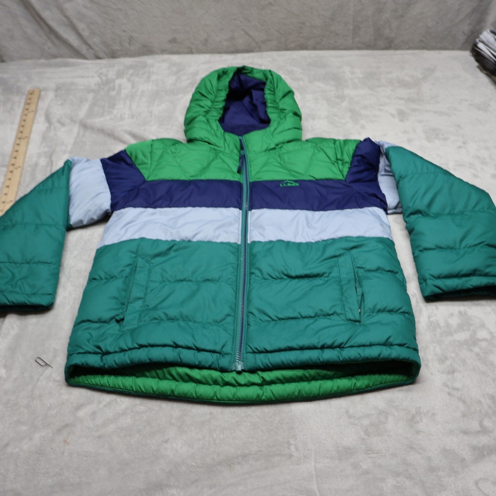 LL Bean Down Jacket Youth Medium 10-12 Green Colorblock Insulated Puffer Winter